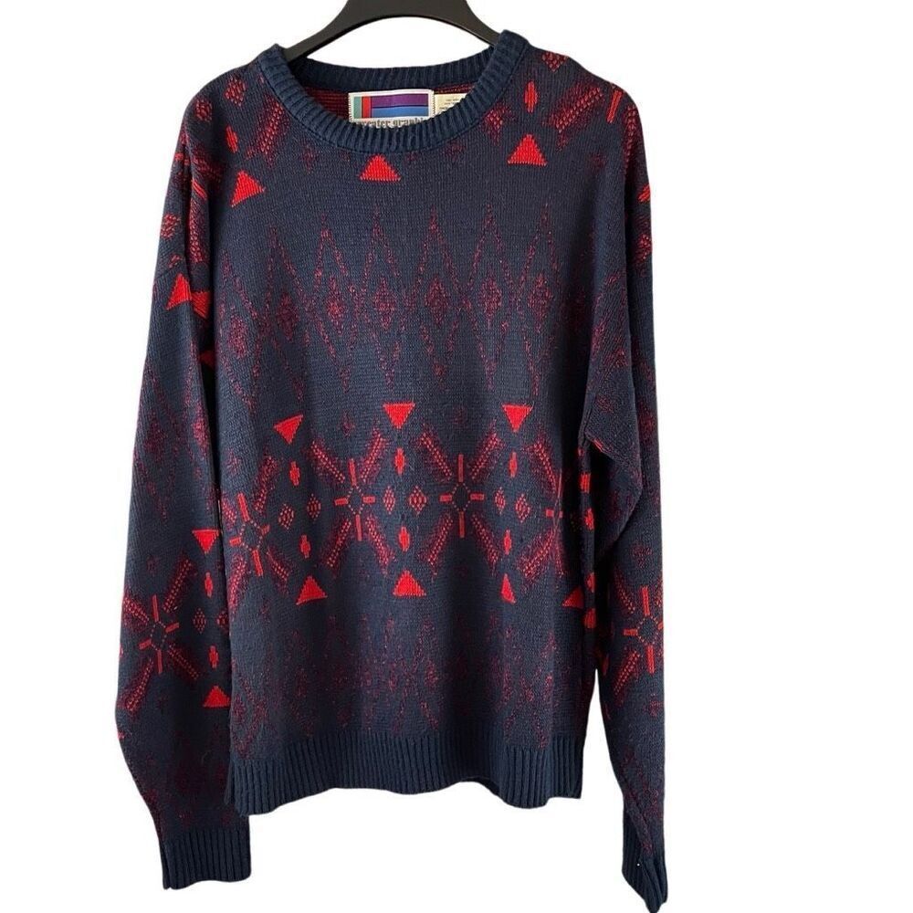 Vintage Sweater Graphic Knit Geometric Print Sweater Size Large Made in USA